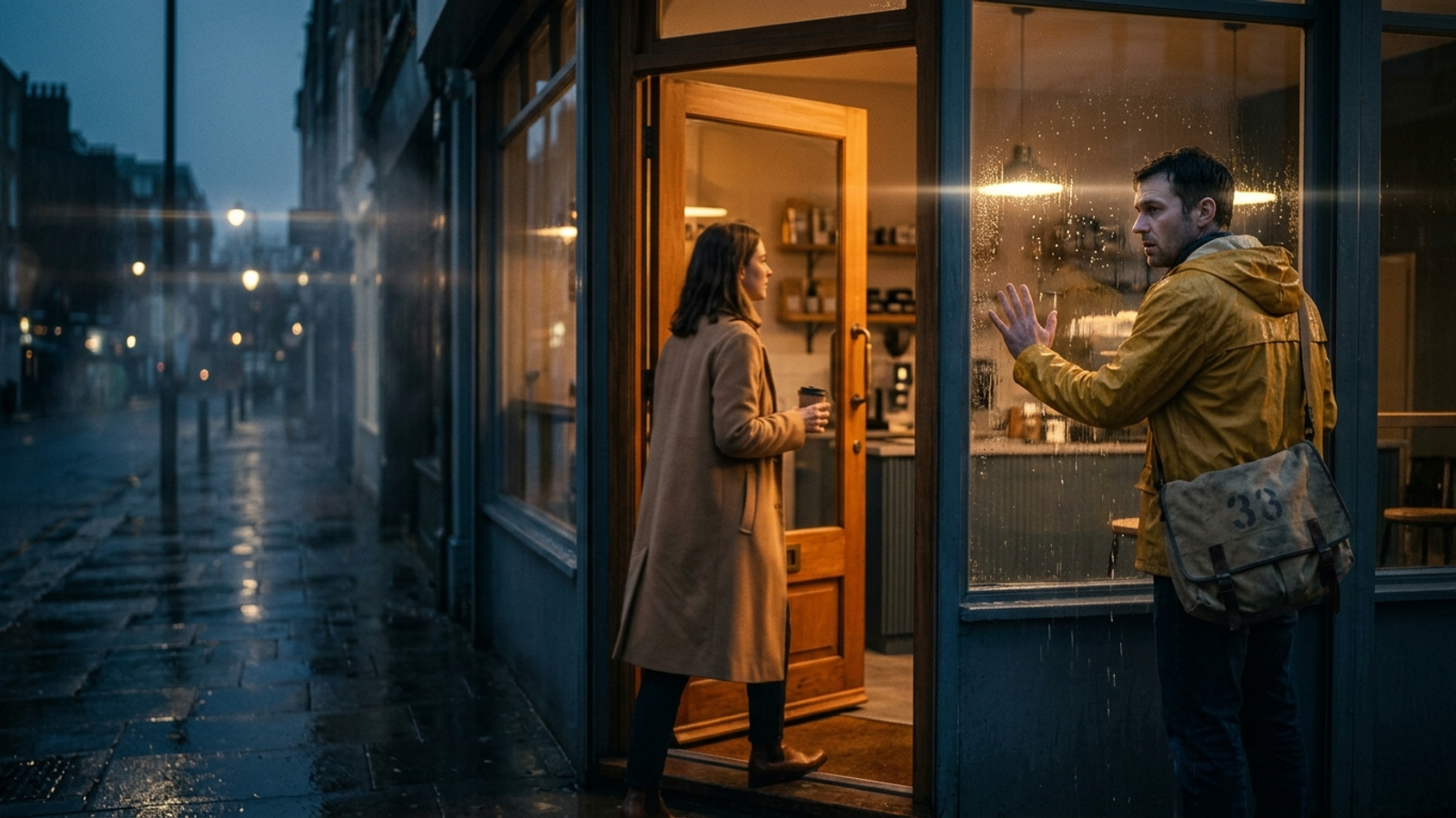 A shopper walks through an open shop door while a courier beside her is stopped by invisible glass, showing a site open to people but closed to bots.
